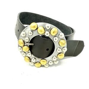 Synthetic Black Leather Belt w/ Gold & Silver Toned Dots Embellished Buckle EUC